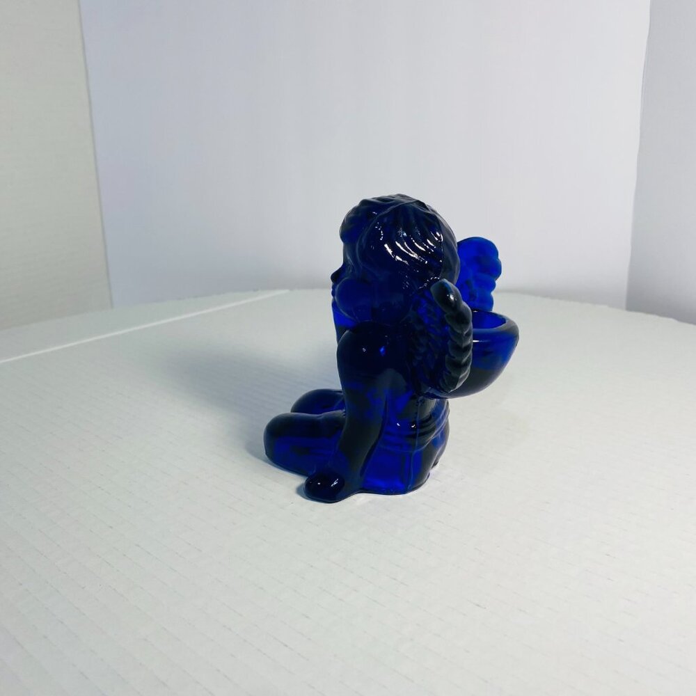 VTG Two Cobalt Blue Glass Sitting Angel Cherub Taper Candle Holders 5"x 5"x 5" - Picture 10 of 17